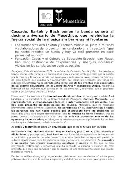 Cassado, Bartók y Bach ponen la banda sonora al décimo aniversario de Musethica