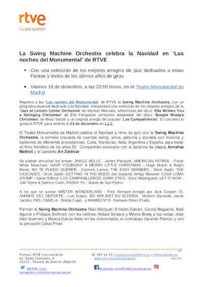 La Swing Machine Orchestra celebra la Navidad en «Las noches del Monumental» de RTVE