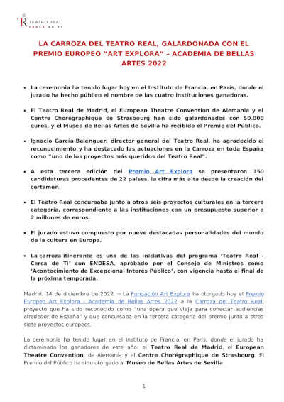 La Carroza del Teatro Real, galardonada con el Premio Europeo «Art Exporta» – Academia de Bellas Artes 2022