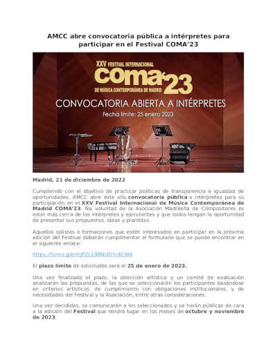 AMCC abre convocatoria pública a intérpretes para participar en el Festival COMA’23