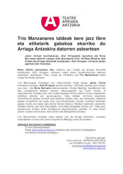 El Trio Manzanares trae el próximo martes su jazz libre y sin etiquetas al Teatro Arriaga