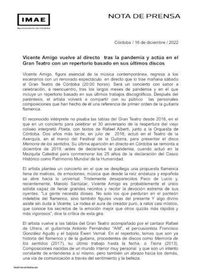 Vicente Amigo vuelve al directo tras la pandemia y actúa en el Gran Teatro de Córdoba