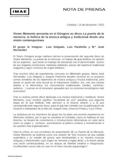 Vivere Memento presenta en el Teatro Góngora su disco La puerta de la memoria Vivere Memento presenta en el Teatro Góngora su disco La puerta de la memoria