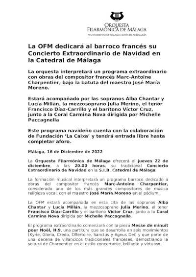La OFM dedicará al barroco francés su Concierto Extraordinario de Navidad en la Catedral de Málaga
