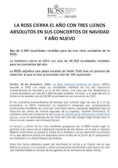 La ROSS cierra el año con tres llenos absolutos en sus conciertos de Navidad y Año Nuevo