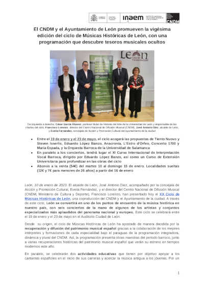 El CNDM y el Ayuntamiento de León promueven la vigésima edición del ciclo de Músicas Históricas de León