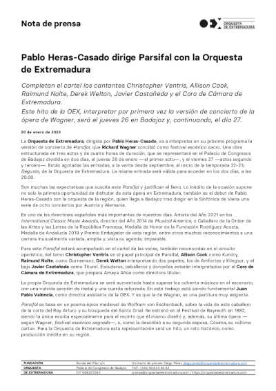 El maestro Pablo Heras-Casado dirige Parsifal con la Orquesta de Extremadura