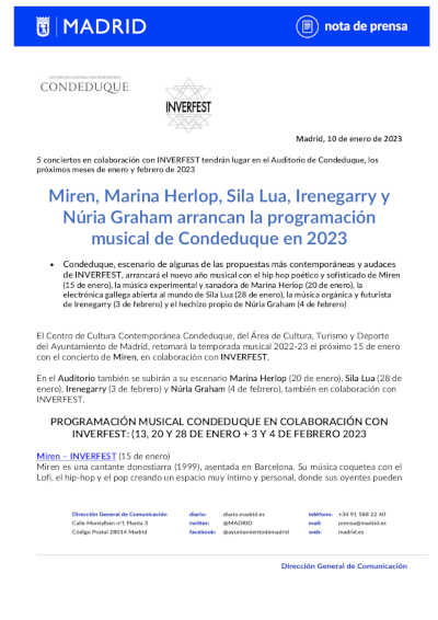 Miren, Marina Helop, Sila Lua, Irenegarry y Núria Graham arrancan la programación de Condeduque en 2023