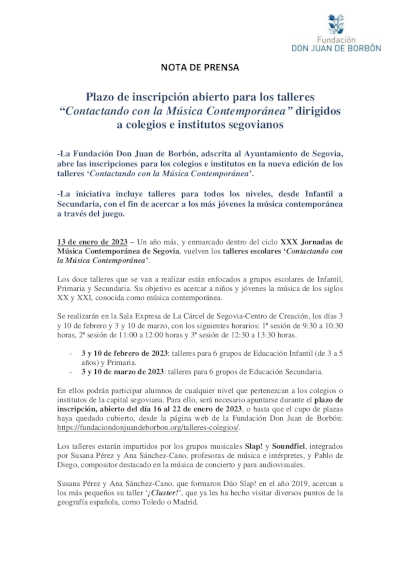 Inscripción Abierta Talleres «Contactando con la Música Contemporánea»