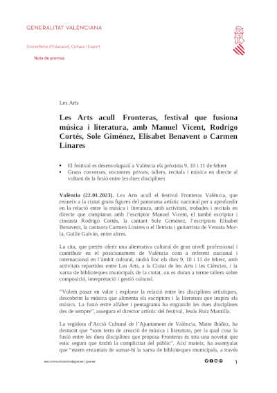 Les Arts acoge Fronteras, festival que fusiona música y literatura en febrero