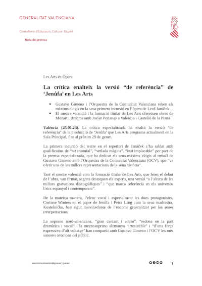 La crítica encumbra la versión “de referencia” de «Jenůfa» en Les Arts La crítica encumbra la versión “de referencia” de «Jenůfa» en Les Arts