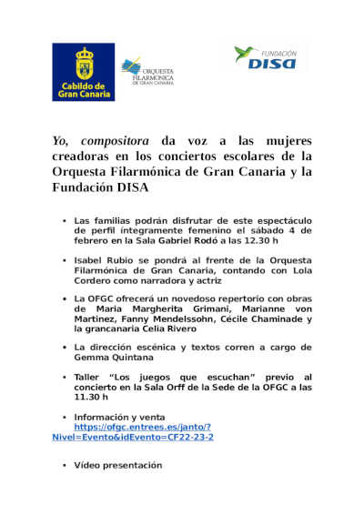 Yo, compositora da voz a las mujeres creadoras en los conciertos escolares de la OFGC y la Fundación DISA Yo, compositora da voz a las mujeres creadoras en los conciertos escolares de la OFGC y la Fundación DISA