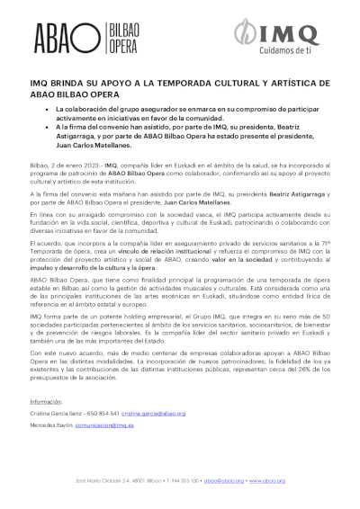 IMQ brinda su apoyo a la temporada cultural y artística de ABAO Bilbao Opera