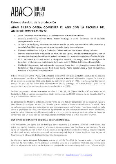 ABAO Bilbao Opera comienza el año con la escuela del amor de Così fan tutte