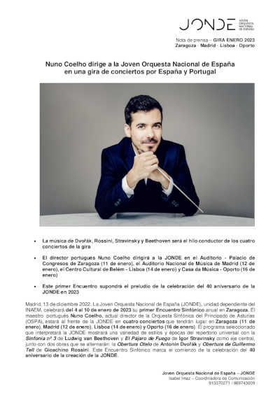 Nuno Coelho dirige a la Joven Orquesta Nacional de España en una gira de conciertos por España y Portugal