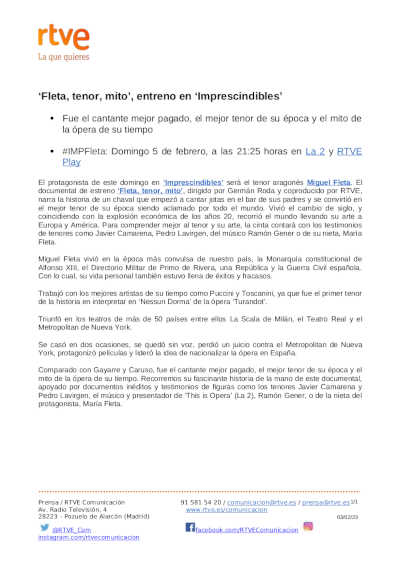 Estreno en Imprescindibles de La 2 de RTVE, de «Fleta tenor mito»