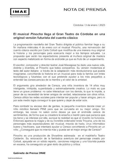 El musical Pinocho llega al Gran Teatro de Córdoba en una original versión futurista del cuento clásico