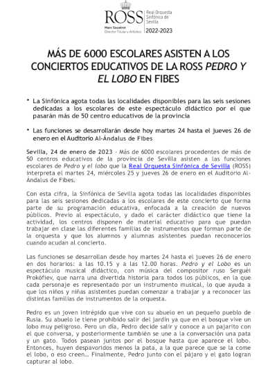 Más de 6000 escolares asisten a los conciertos educativos de la Ross «Pedro y el lobo» en Fibes