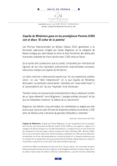 Capella de Ministrers gana en los prestigiosos Premios ICMA con el disco «El collar de la paloma»