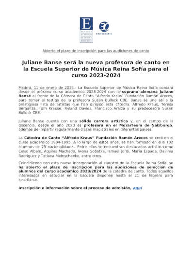 Juliane Banse será la nueva profesora de canto en la Escuela Superior de Música Reina Sofía para el curso 2023-2024