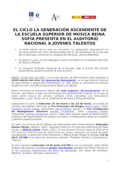 «La Generación Ascendente» de la Escuela Superior de Música Reina Sofía presenta jóvenes talentos