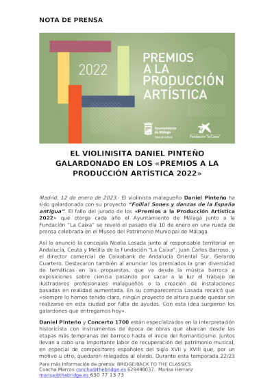 El violinista Daniel PInteño es galardonado en los «Premios a la Producción Artística 2022»