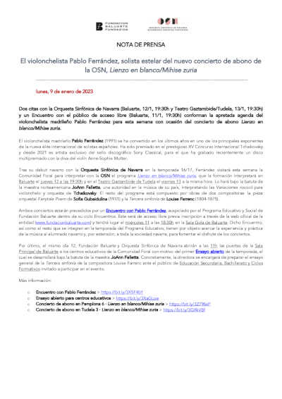 El violonchelista Pablo Ferrández, solista estelar del nuevo concierto de abono de la OSN, Lienzo en blanco / Mihise zuria