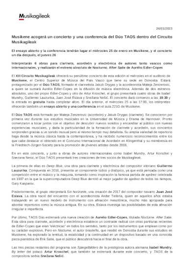 Musikene acogerá un concierto y una conferencia del Dúo TAOS dentro del Circuito Musikagileak