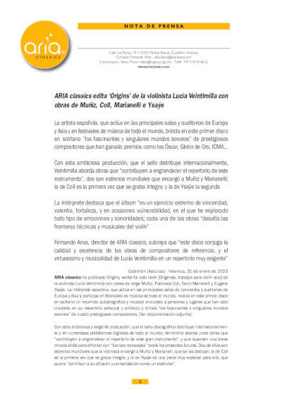 ARIA classics edita «Origins» de la violinista Lucía Veintimilla con obras de Muñiz, Coll, Marianelli e Ysaÿe