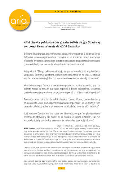 ARIA classics publica los tres grandes ballets de Ígor Stravinsky con Josep Vicent al frente de ADDA Simfònica ARIA classics publica los tres grandes ballets de Ígor Stravinsky con Josep Vicent al frente de ADDA Simfònica