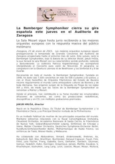 La Bamberger Symphoniker cierra su gira española este jueves en el Auditorio de Zaragoza La Bamberger Symphoniker cierra su gira española este jueves en el Auditorio de Zaragoza