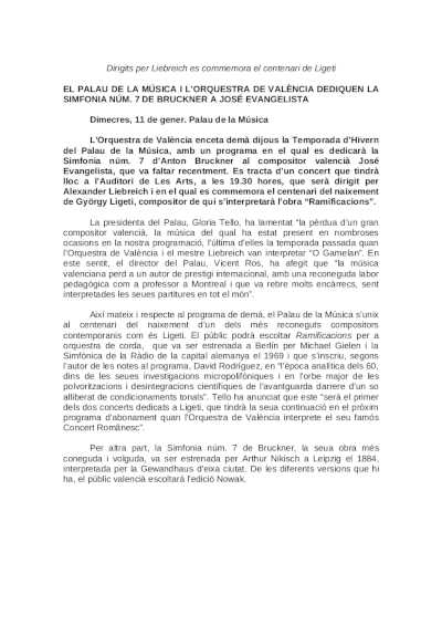 El Palau de la Música y la Orquesta de València dedican la Sinfonía nº 7 de Brtuckner a José Evangelista