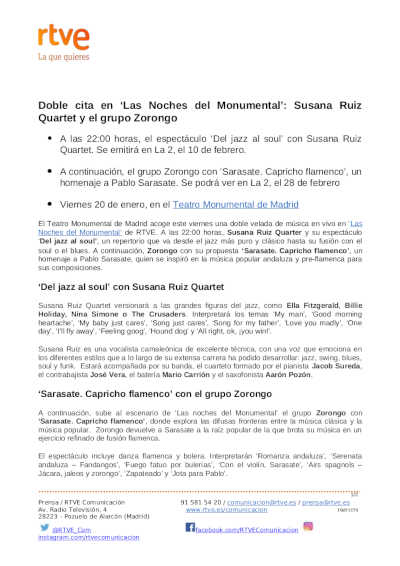 Doble cita en «Las Noches del Monumental» con Susana Ruiz Quartet y el grupo Zorongo