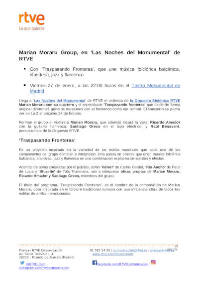 Marian Moraru Group, en «Las Noches del Monumental» de RTVE