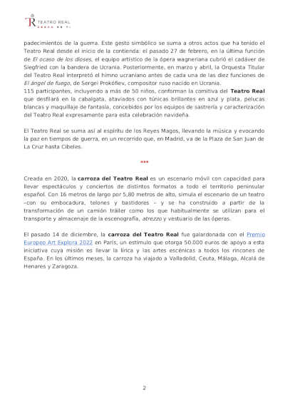 La paz y la libertad en la Carroza del Teatro Real participa de la Cabalgata de los Reyes Magos