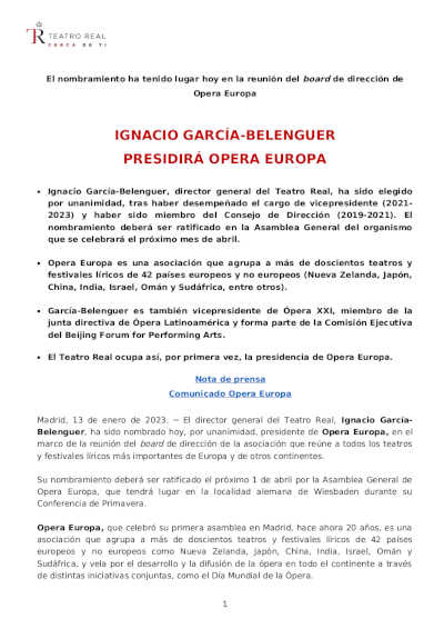 Ignacio García-Belenguer presidirá Ópera Europa