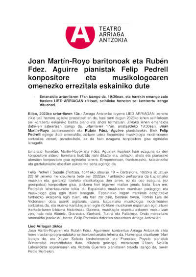Joan Martín-Royo y Rubén Fernández Aguirre ofrecen un recital en homenaje al compositor y musicólogo Felip Pedrell