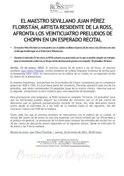 Juan Pérez Floristán, artista residente de la ROSS, afronta los veinticuatro preludios de Chopin