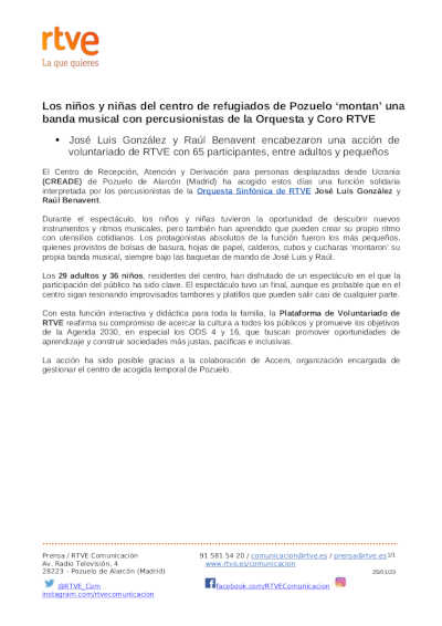 Niños y niñas del centro de refugiados de Pozuelo «montan» una banda con percusionistas de la Orquesta y Coro RTVE