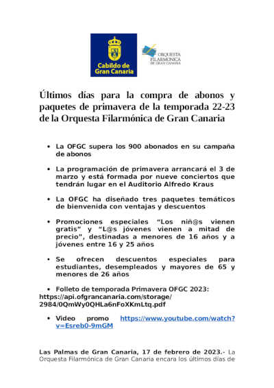 Últimos días para la compra de abonos y paquetes de primavera de la temporada 22-23 de la OFGC