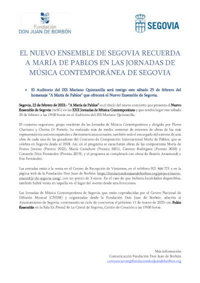 El Nuevo Ensemble de Segovia recuerda a María de Pablos en las Jornadas de Música Contemporánea de Segovia