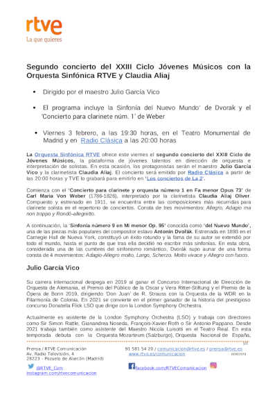 Segundo concierto del XXIII Ciclo Jóvenes Músicos con la Orquesta Sinfónica RTVE y Claudia Aliaj Segundo concierto del XXIII Ciclo Jóvenes Músicos con la Orquesta Sinfónica RTVE y Claudia Aliaj