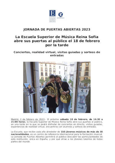 La Escuela Superior de Música Reina Sofía presenta sus Jornadas de Puertas Abiertas 2023 La Escuela Superior de Música Reina Sofía presenta sus Jornadas de Puertas Abiertas 2023