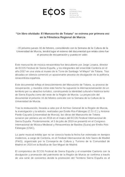 “Un libro olvidado: El Manuscrito de Totana” se estrena por primera vez en la Filmoteca Regional de Murcia