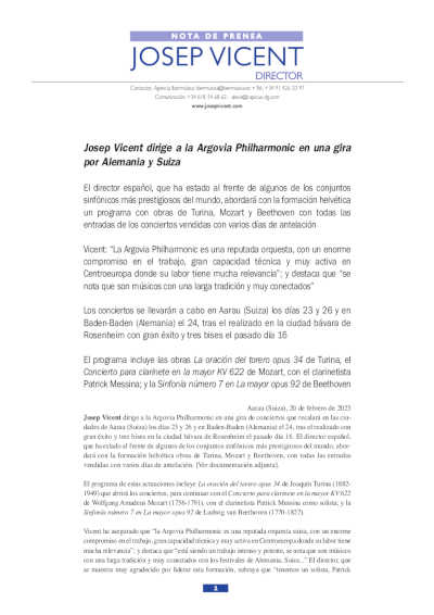 Josep Vicent dirige a la Argovia Philharmonic en una gira por Alemania y Suiza