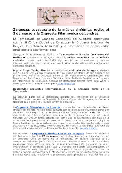 Zaragoza, escaparate de la música sinfónica, recibe a la Orquesta Filarmónica de Londres