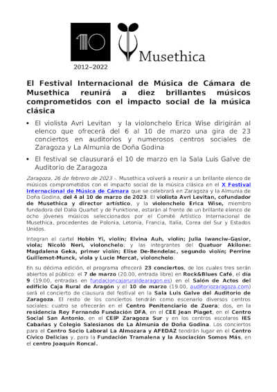 El Festival Internacional de Música de Cámara de Musethica reunirá a diez brillantes músicos El Festival Internacional de Música de Cámara de Musethica reunirá a diez brillantes músicos
