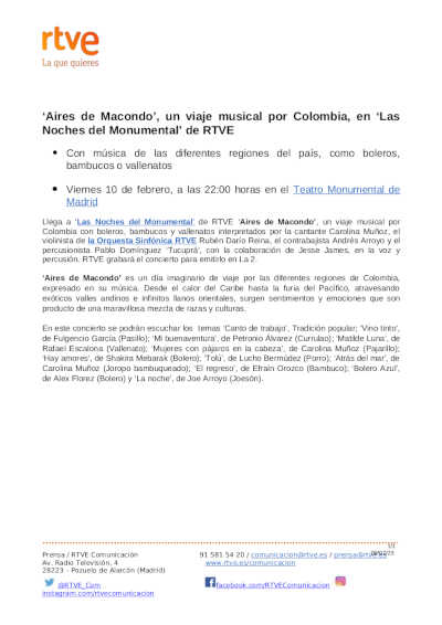 «Aires de Macondo», un viaje musical por Colombia, en «Las Noches del Monumental» de RTVE
