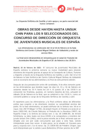 Obras desde Haydn hasta Usuk Chin para los 9 seleccionados del Concurso de dirección de Orquesta de JME