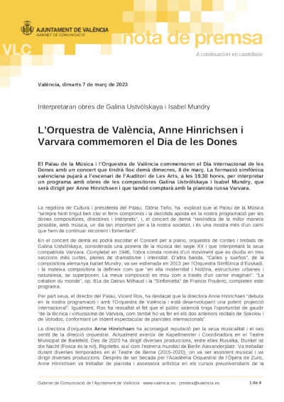 La Orquesta de València, Anne Hinrichsen y Varvara conmemoran el Día de las Mujeres